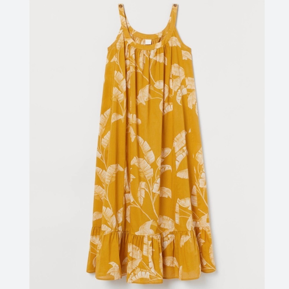 H&M Women’s Yellow Leaf Print Midi Ruffle Hem Flounced Dress Size 8 - Picture 1 of 6